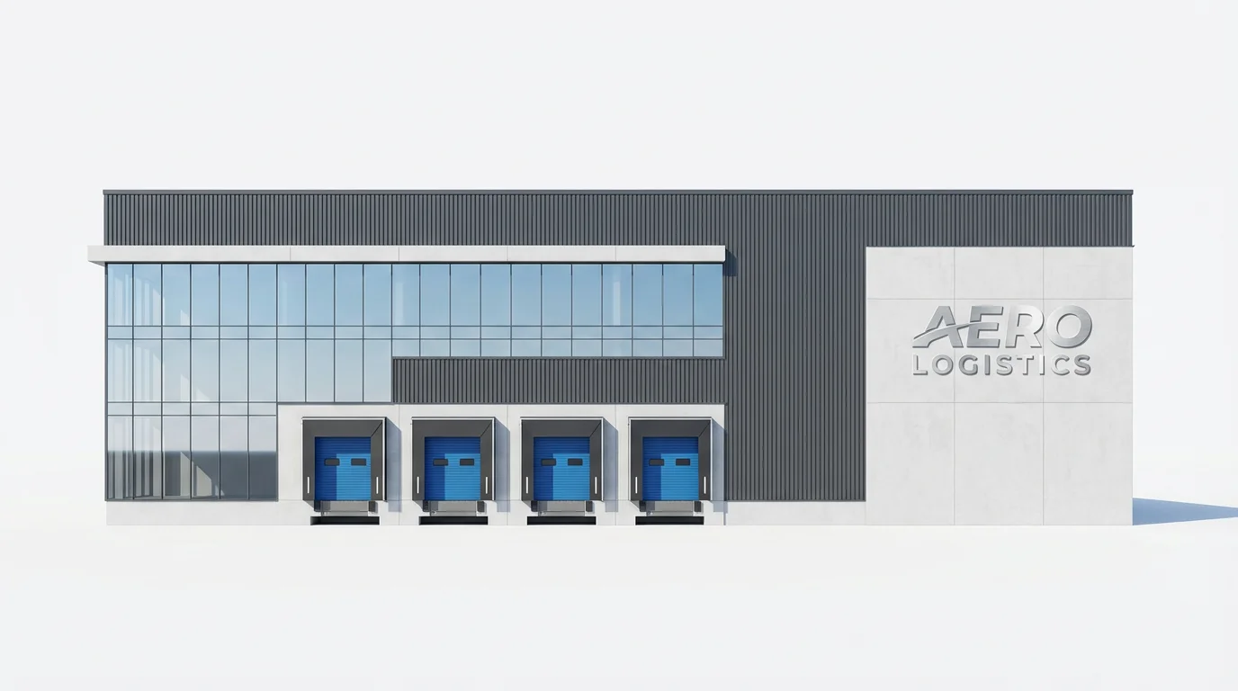 A photorealistic mockup of a modern warehouse facade with 'AERO LOGISTICS' branding, featuring grey and white panels, blue loading dock doors, and set against a clean white background.