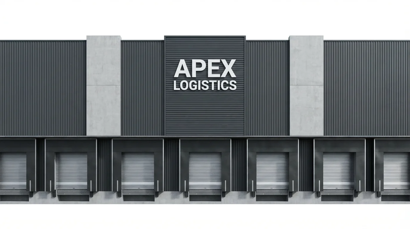 A modern warehouse facade with the name 'APEX LOGISTICS' on the front, presented as a clean mockup against a white background.