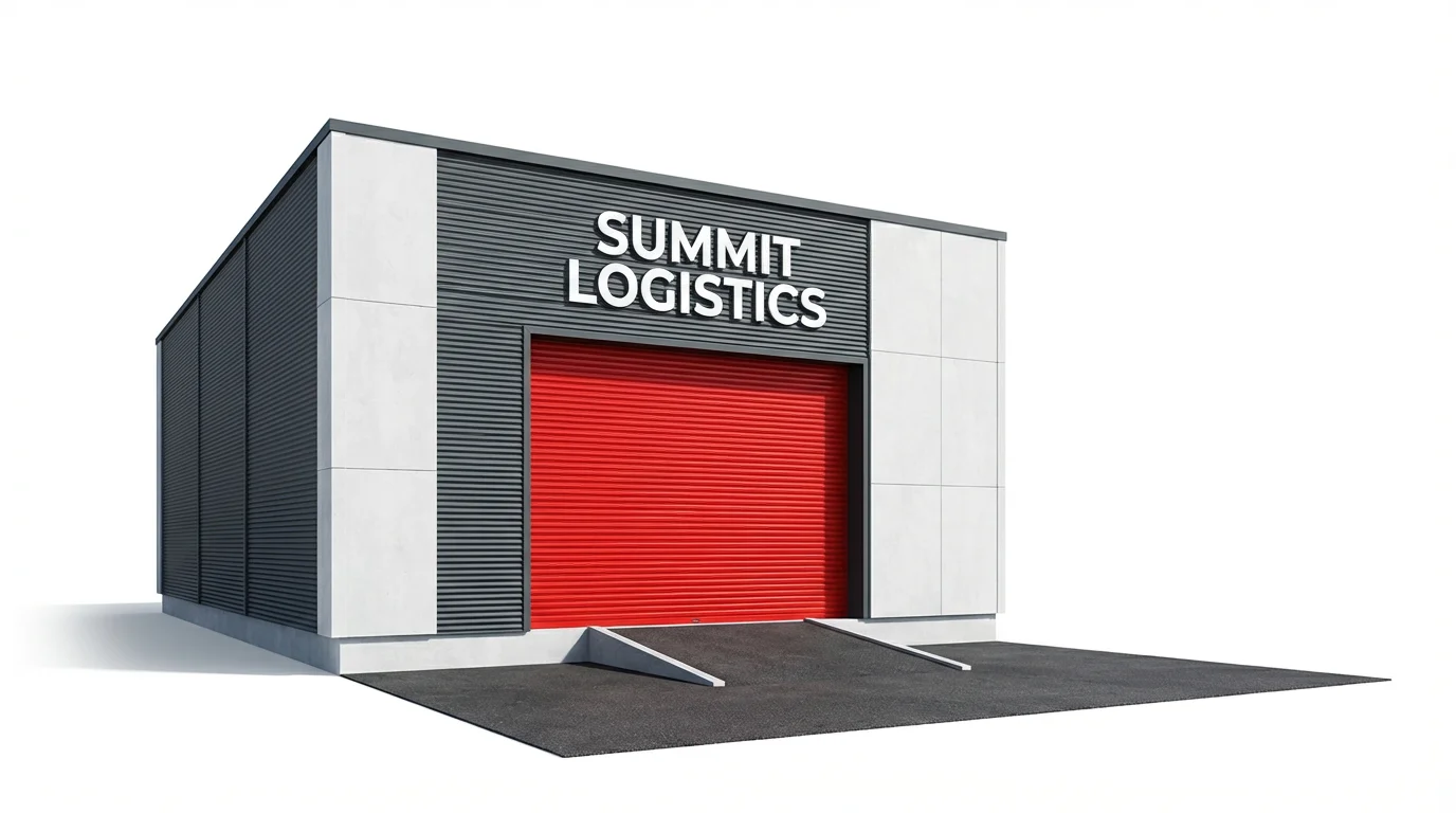 A modern warehouse facade with dark gray metal and white concrete, featuring a large red roller door and the name 'SUMMIT LOGISTICS' on the front, isolated against a white background.