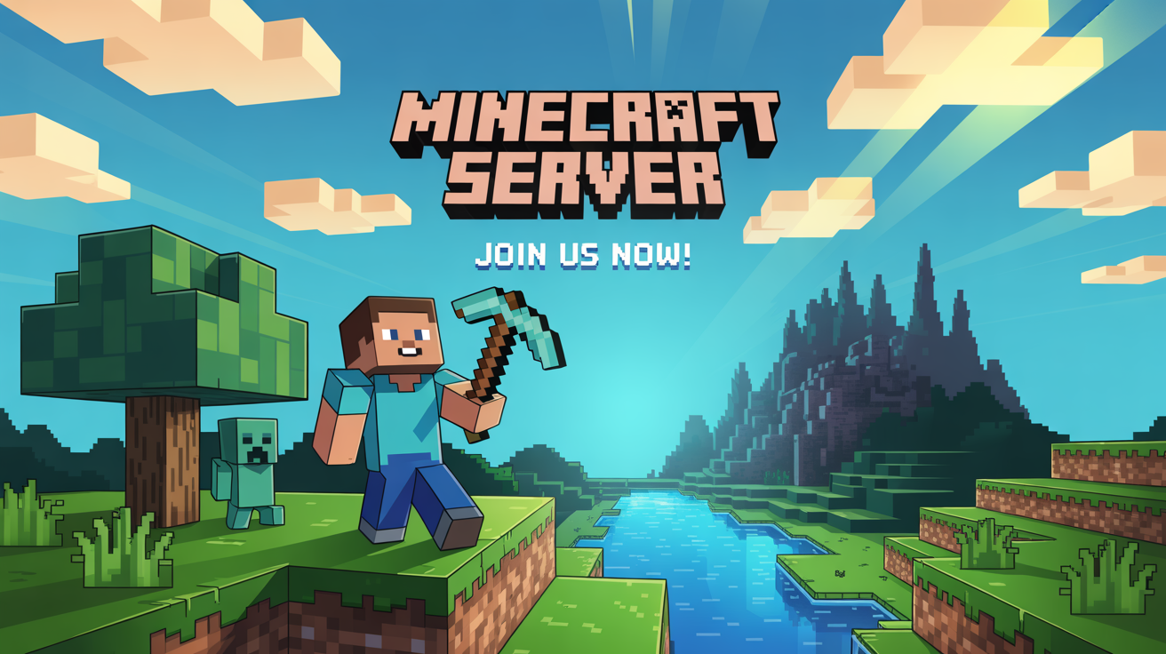 A professionally designed Minecraft server banner with the text 'MINECRAFT SERVER' and 'JOIN US NOW!' set against an epic, pixelated landscape featuring Steve, a Creeper, and a castle in the background.