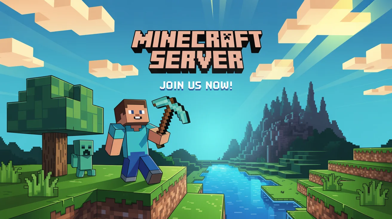 A professionally designed Minecraft server banner with the text 'MINECRAFT SERVER' and 'JOIN US NOW!' set against an epic, pixelated landscape featuring Steve, a Creeper, and a castle in the background.