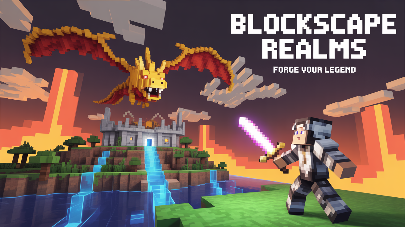 An epic Minecraft server banner mockup for 'Blockscape Realms', showing a character in diamond armor facing a dragon near a floating castle in a voxel art style.
