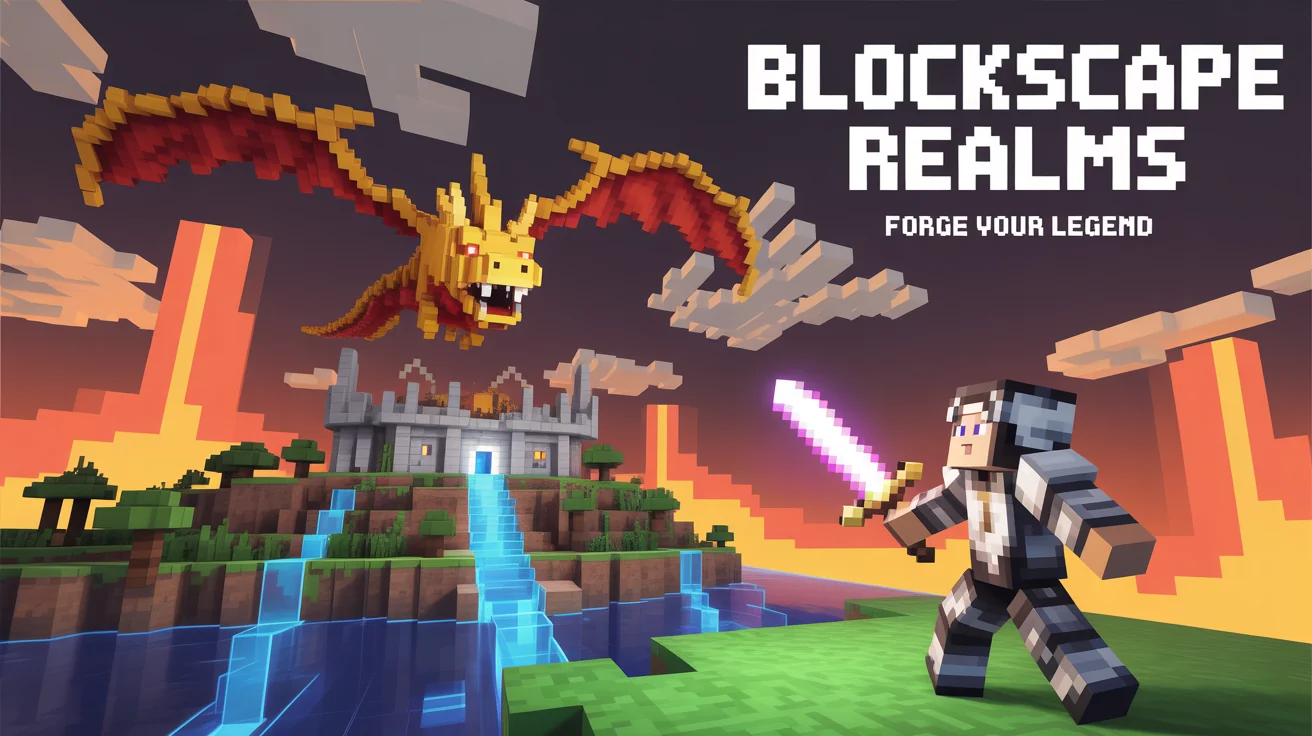An epic Minecraft server banner mockup for 'Blockscape Realms', showing a character in diamond armor facing a dragon near a floating castle in a voxel art style.