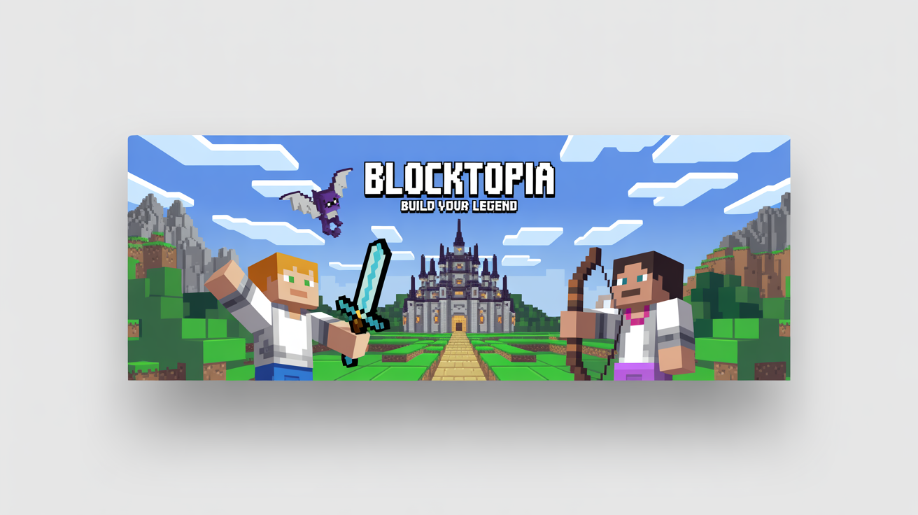 A mockup of a Minecraft server banner with a fantasy theme. It features a pixelated castle landscape with armored characters and a dragon, with the text 'Blocktopia' and 'Build Your Legend'.