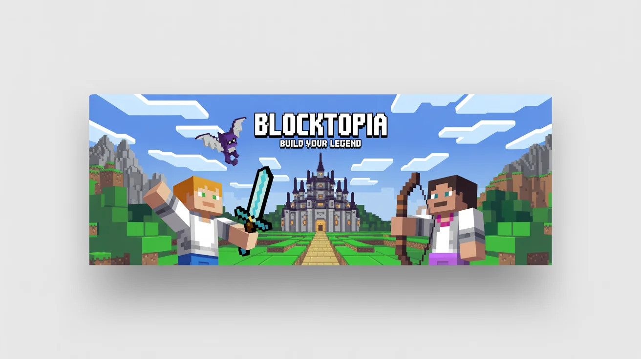 A mockup of a Minecraft server banner with a fantasy theme. It features a pixelated castle landscape with armored characters and a dragon, with the text 'Blocktopia' and 'Build Your Legend'.