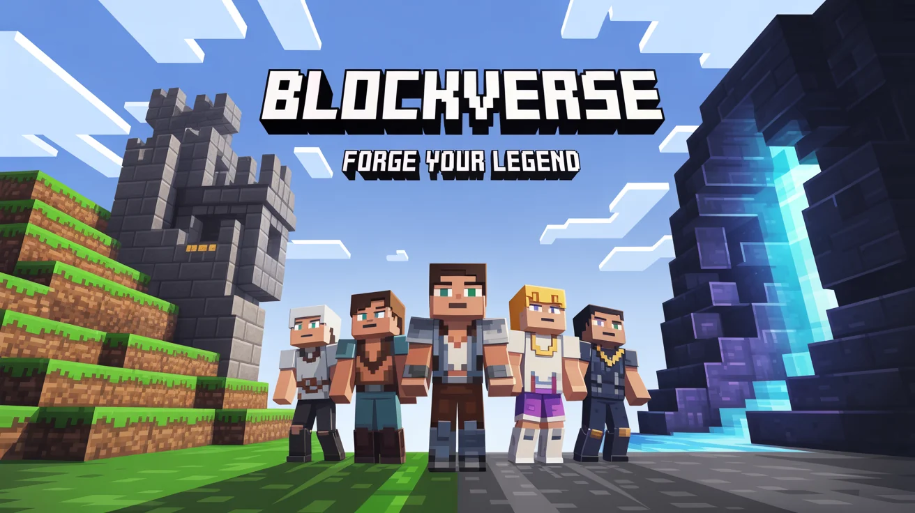 A Minecraft server banner mockup for a server named 'BlockVerse', featuring pixelated characters in armor in front of a castle and a nether portal. The banner is displayed on a white background.