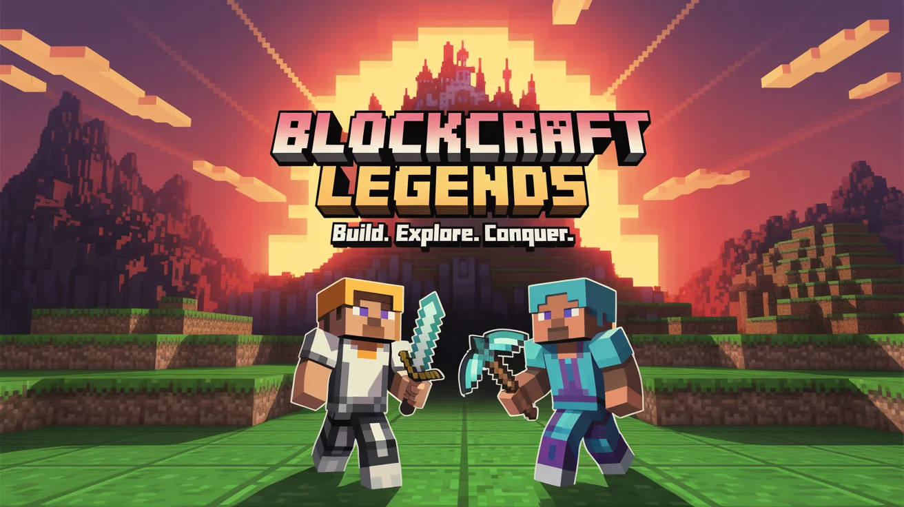 A Minecraft server banner mockup against a white background. The banner shows a blocky castle and two armored characters with the text 'BlockCraft Legends' and 'Build. Explore. Conquer.' in a pixelated font.