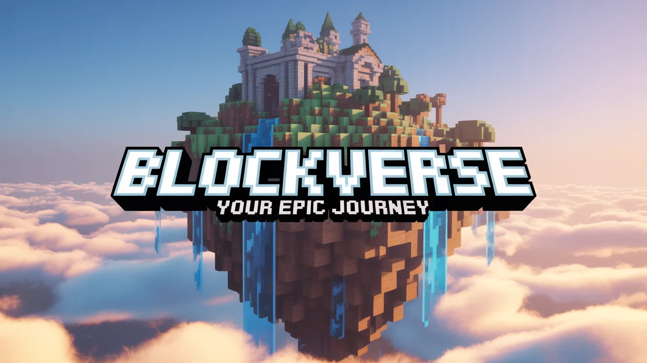 A Minecraft server banner mockup for a server named 'BlockVerse'. The banner shows a huge castle on a floating island with waterfalls, set against a blocky sunset. The text 'BlockVerse' and 'Your Epic Journey' is prominent.