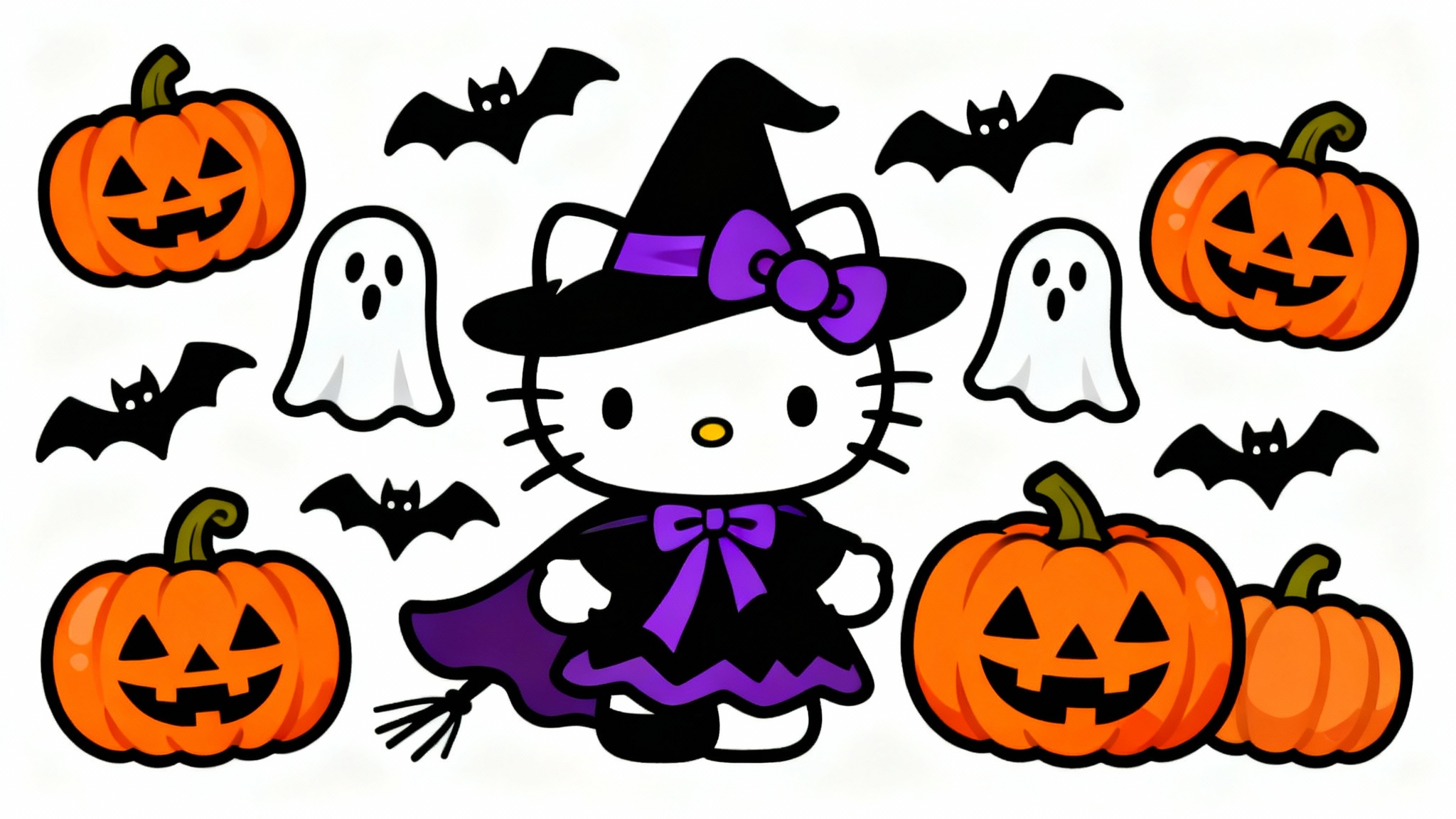A high-quality digital PNG of Hello Kitty dressed in a Halloween witch costume, surrounded by pumpkins and bats, on a clean white background.