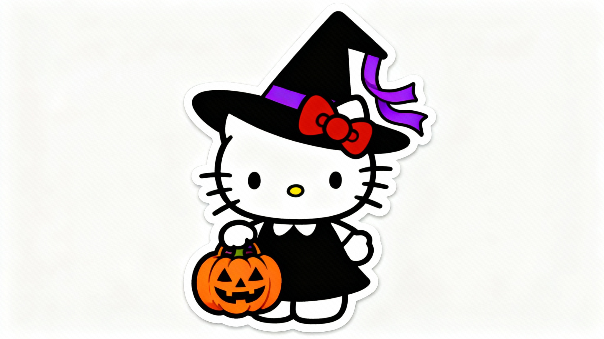 A cute digital illustration of Hello Kitty in a Halloween costume, wearing a witch hat and holding a jack-o'-lantern, designed as a PNG with a white background.