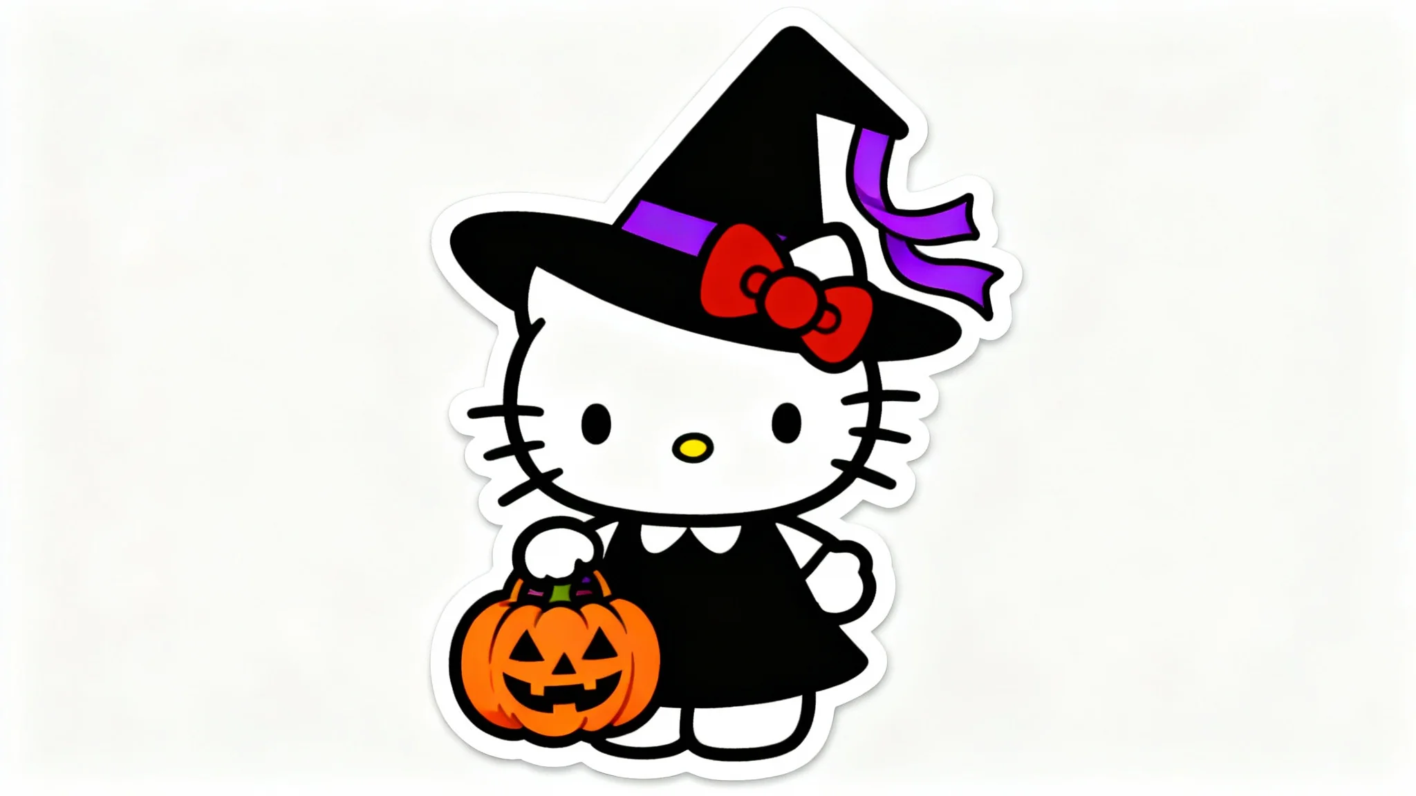 A cute digital illustration of Hello Kitty in a Halloween costume, wearing a witch hat and holding a jack-o'-lantern, designed as a PNG with a white background.