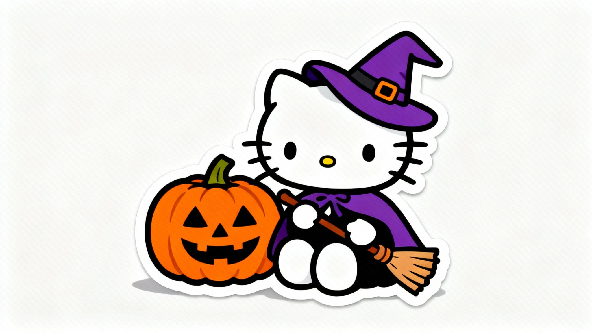 An illustration of Hello Kitty in a cute purple witch costume for Halloween, sitting next to a smiling pumpkin against a white background.