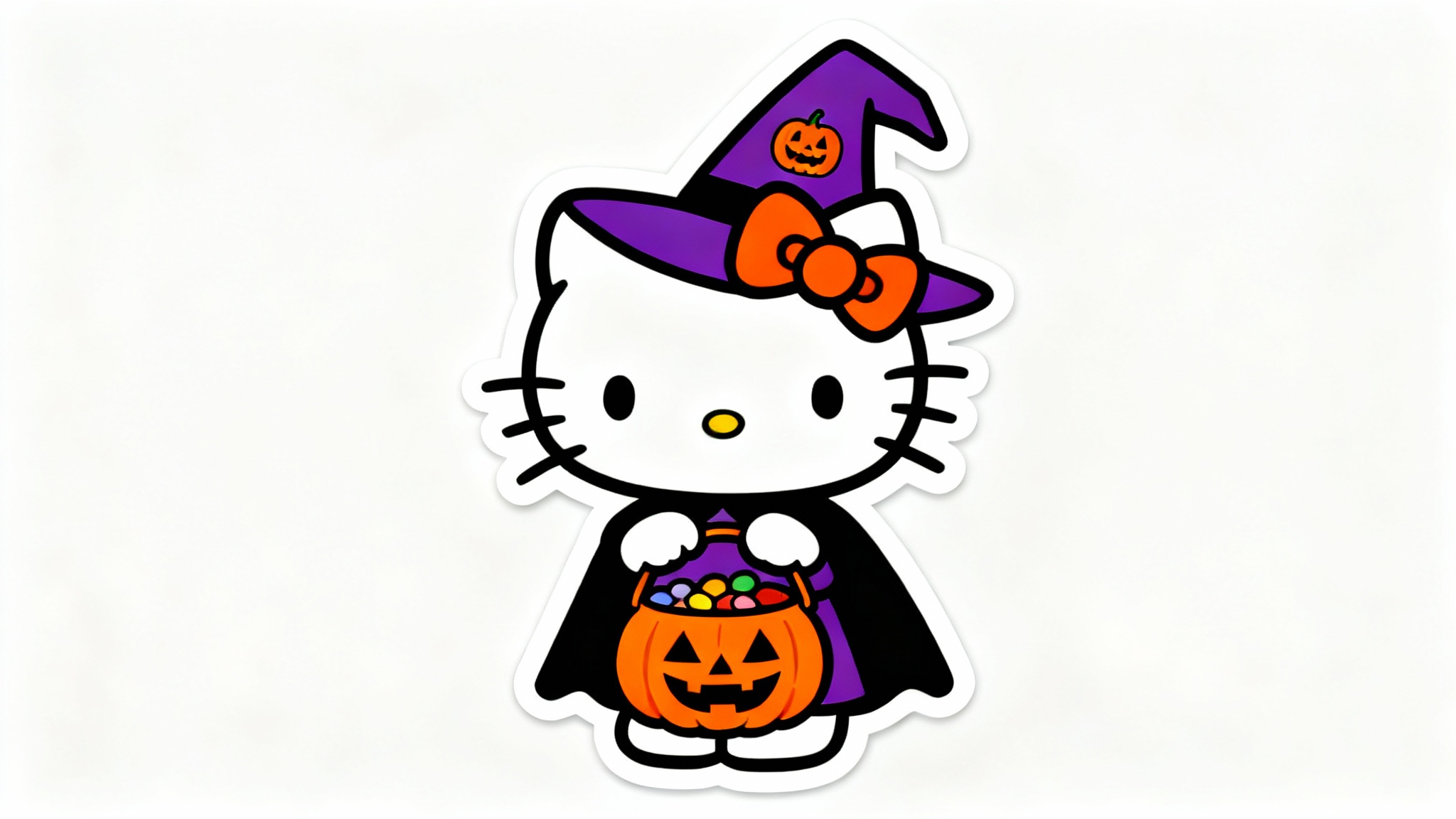 A digital illustration of Hello Kitty dressed in a purple witch hat and black cape for Halloween, holding a pumpkin-shaped candy bucket against a white background.