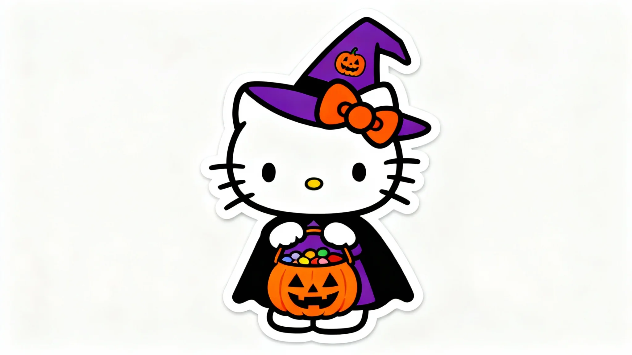 A digital illustration of Hello Kitty dressed in a purple witch hat and black cape for Halloween, holding a pumpkin-shaped candy bucket against a white background.