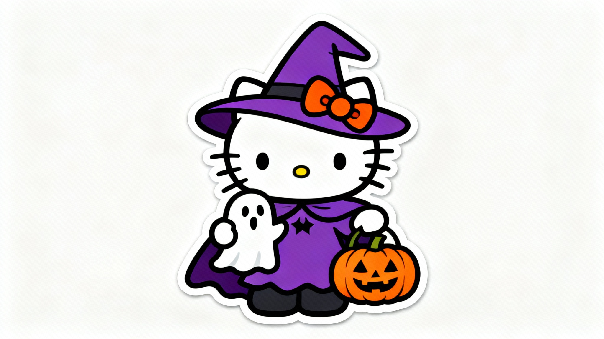 A cute digital illustration of Hello Kitty in a purple witch costume, holding a small ghost and a jack-o'-lantern, designed to look like a Halloween PNG graphic on a white background.