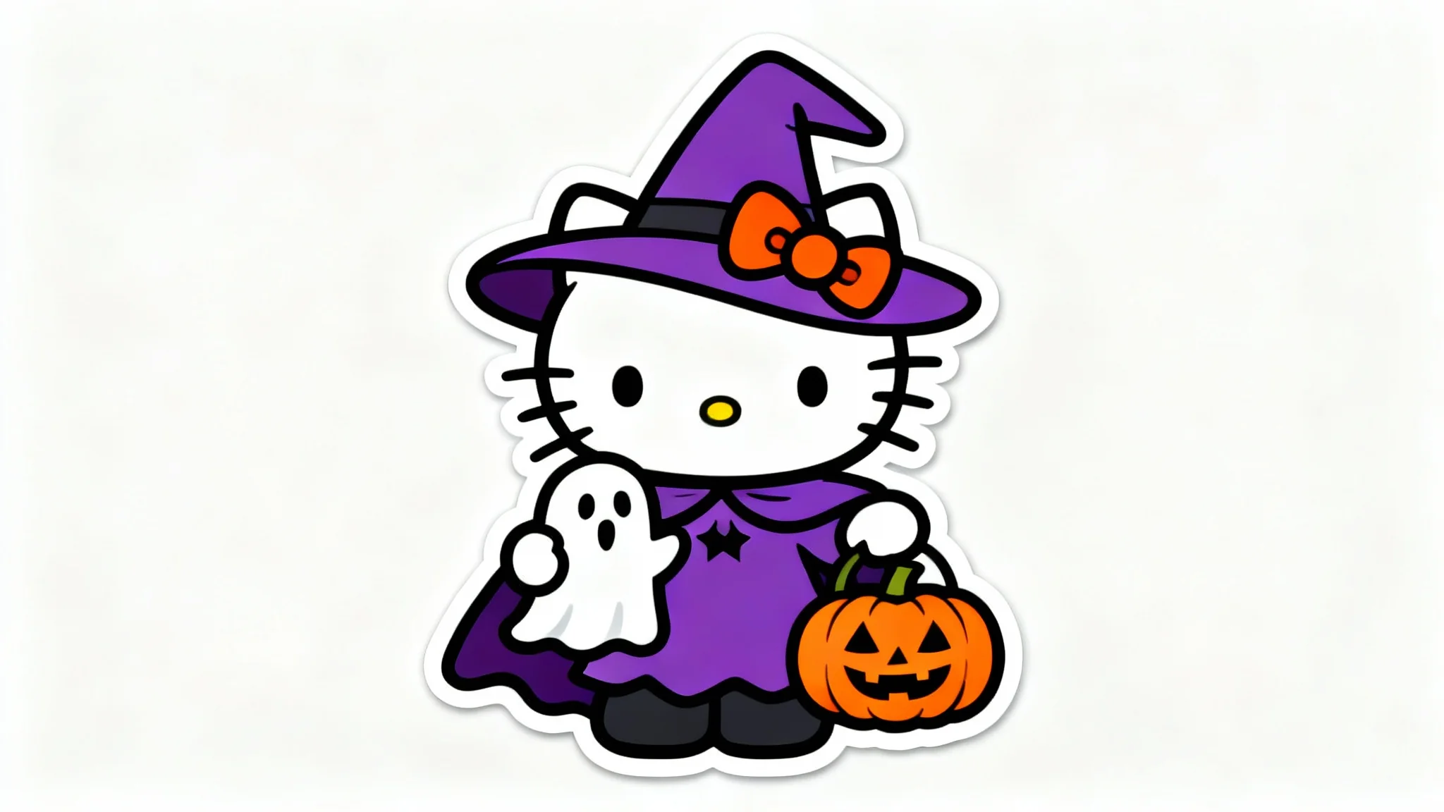 A cute digital illustration of Hello Kitty in a purple witch costume, holding a small ghost and a jack-o'-lantern, designed to look like a Halloween PNG graphic on a white background.