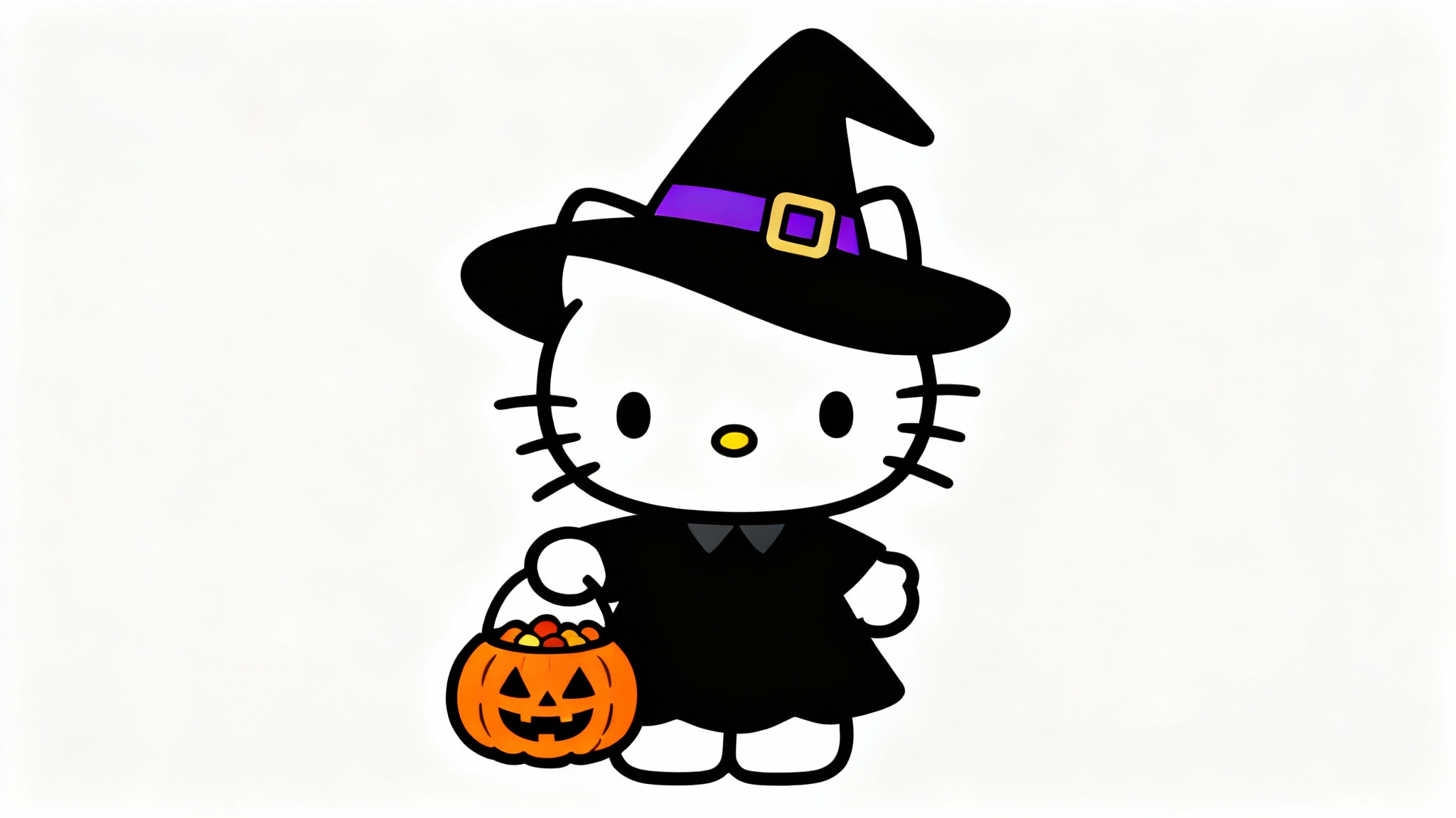 A digital illustration of Hello Kitty in a cute witch costume for Halloween, holding a jack-o'-lantern bucket, presented as a PNG mockup on a white background.