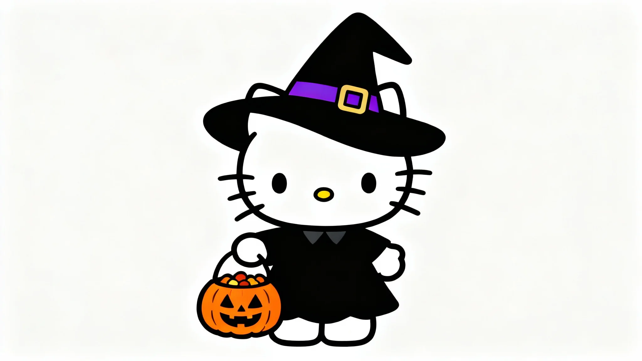 A digital illustration of Hello Kitty in a cute witch costume for Halloween, holding a jack-o'-lantern bucket, presented as a PNG mockup on a white background.