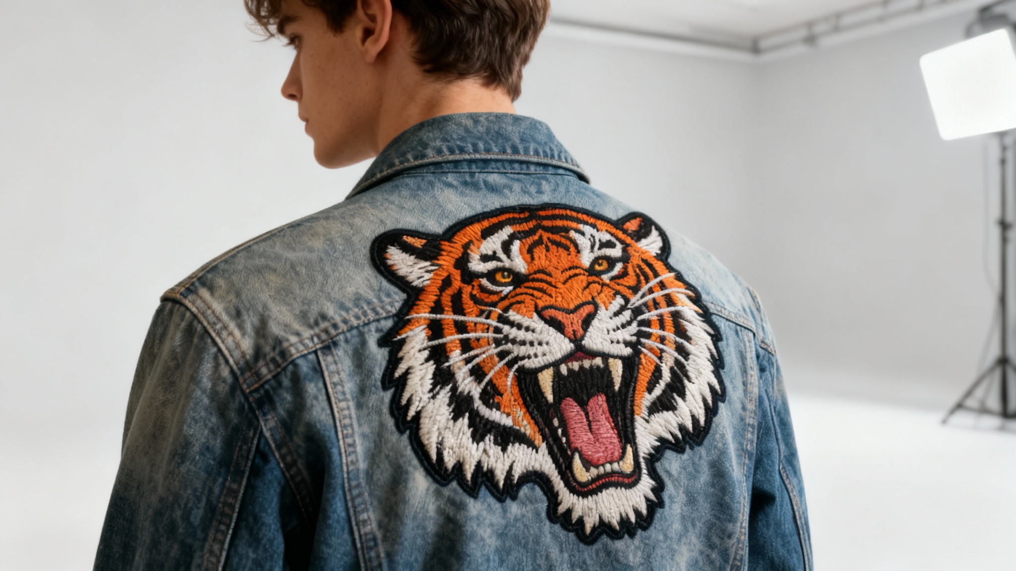 A close-up hero image of a person's shoulder wearing a blue denim jacket, showcasing a large, colorful, and intricately embroidered patch of a roaring tiger's head.