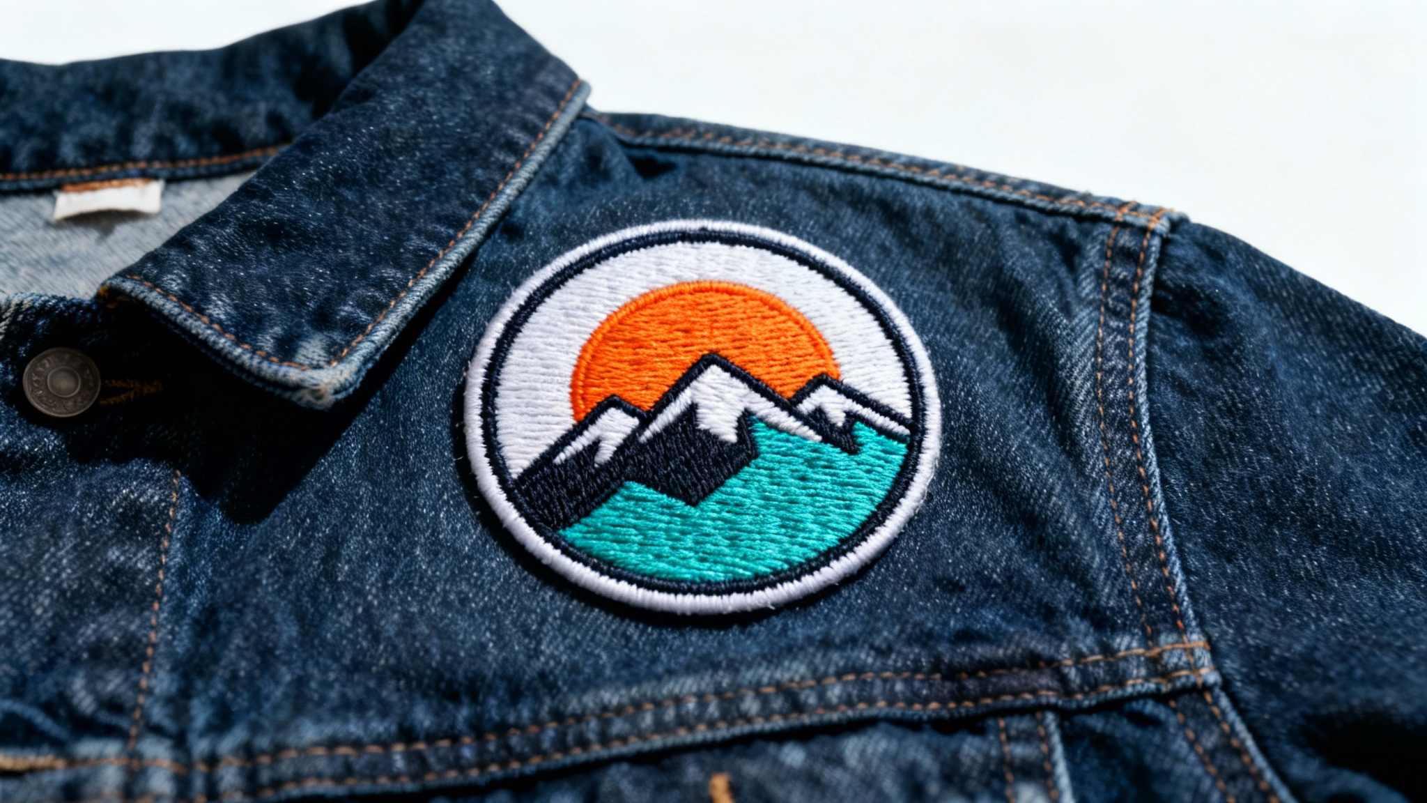 A close-up shot of a dark denim jacket with a newly added circular embroidered patch showing a minimalist mountain range and sun design.