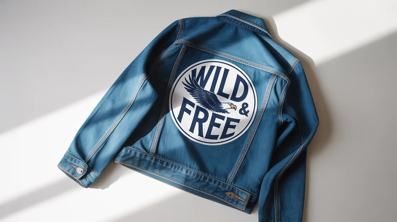 A photorealistic mockup of a blue denim jacket on a white background, with a circular embroidered patch featuring an eagle and the words 'WILD & FREE' placed over the chest pocket.