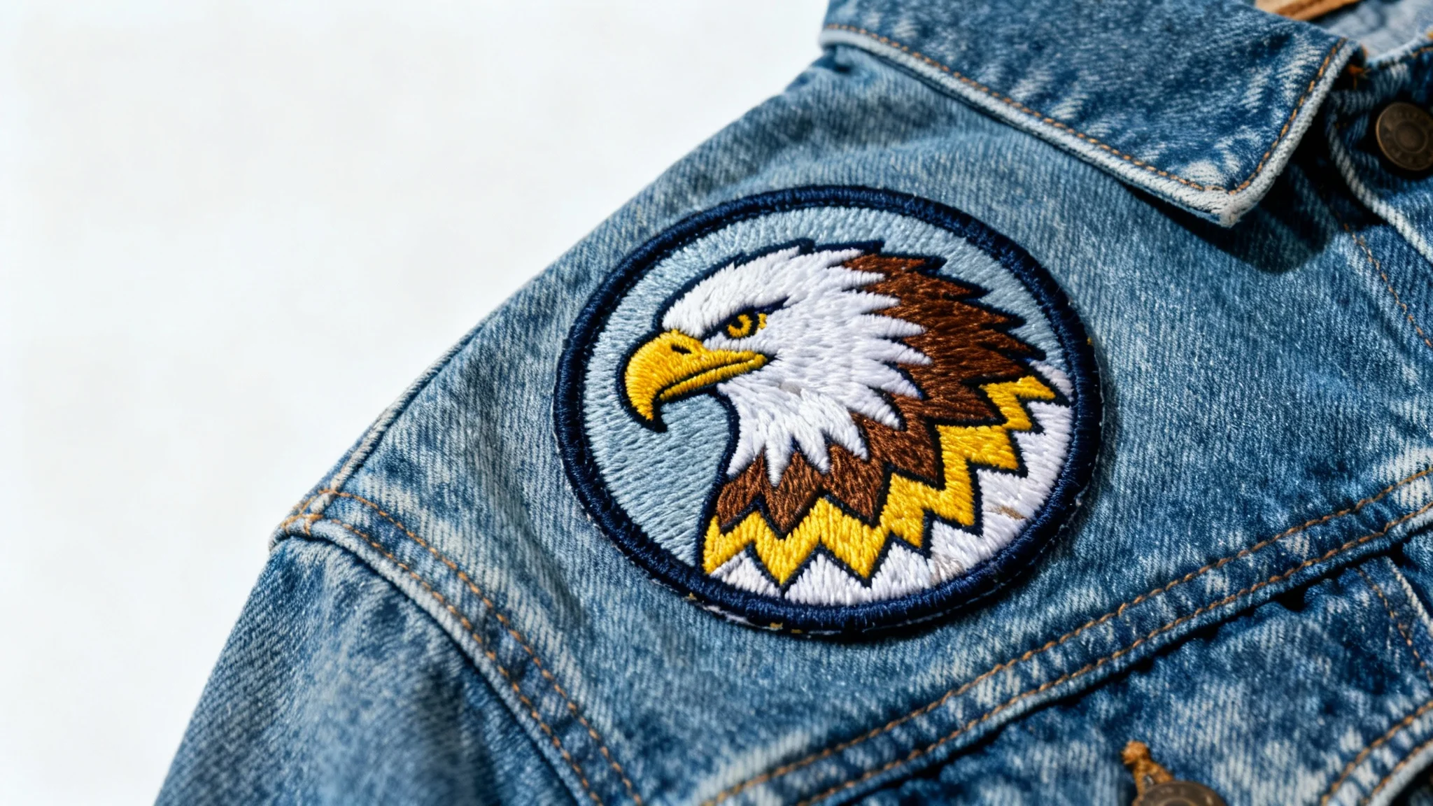 A product mockup showing a detailed embroidered patch of a soaring eagle sewn onto the chest of a blue denim jacket, displayed in a flat lay style on a white background.