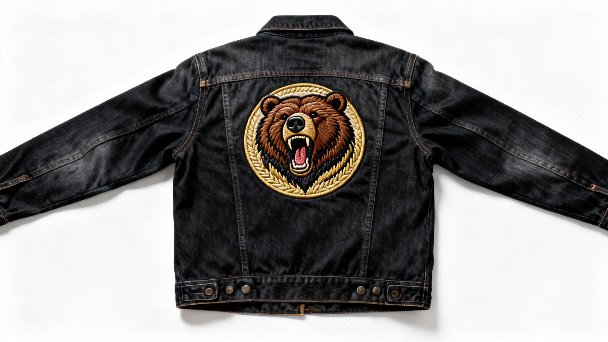 A close-up of a dark denim jacket's back with a newly added, detailed embroidered patch of a roaring grizzly bear, showcased on a white background.