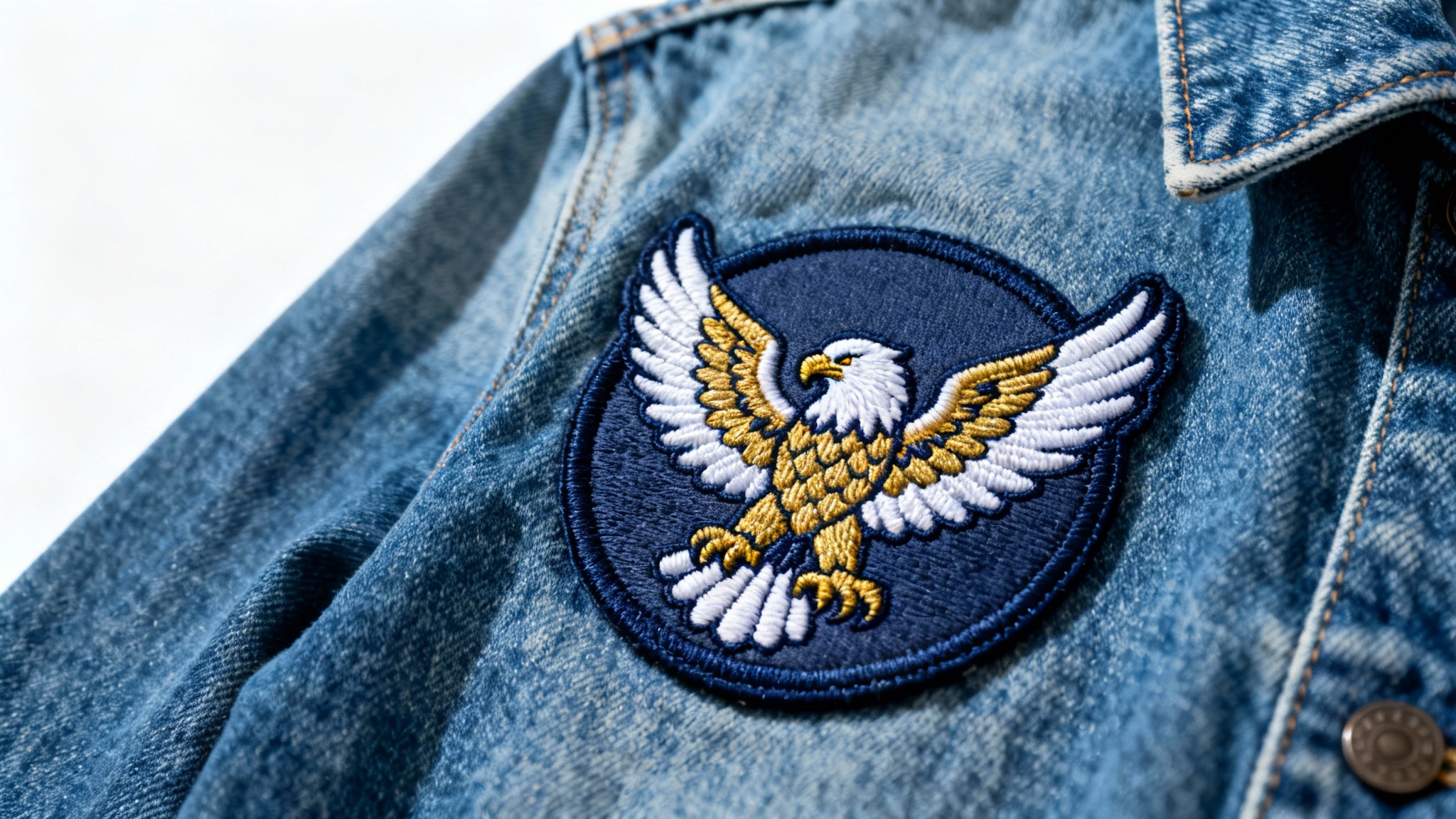 A close-up product photo of a detailed embroidered eagle patch on the chest of a blue denim jacket, set against a plain white background.