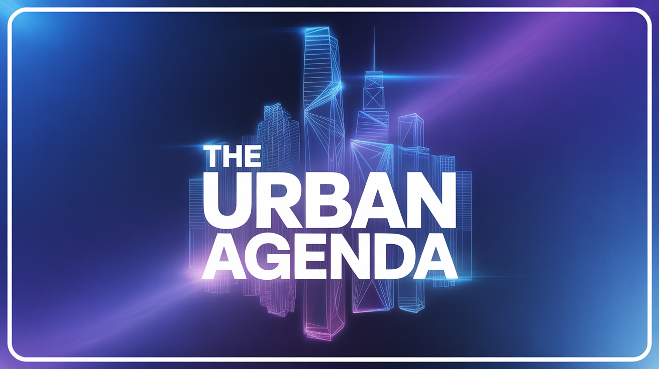 A professional digital background for a talk show, featuring a stylized purple and blue city skyline graphic and the title 'THE URBAN AGENDA' in a modern font.
