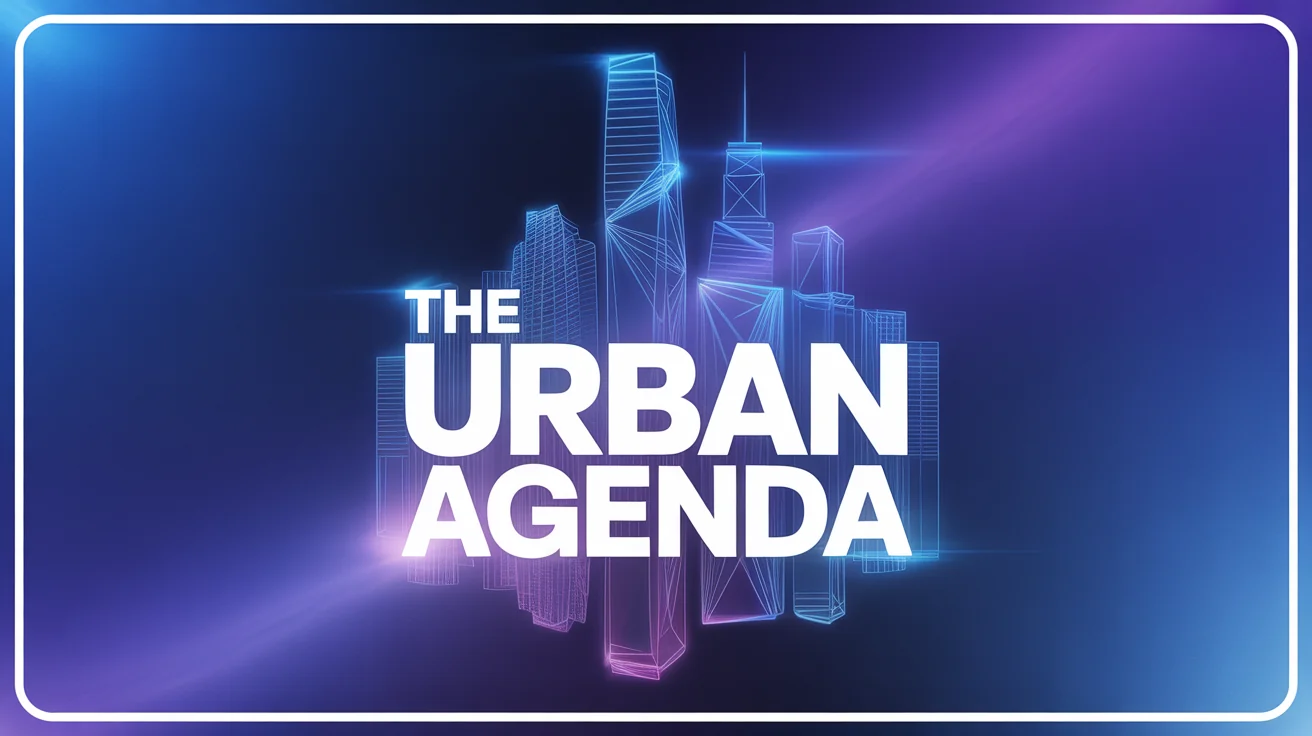A professional digital background for a talk show, featuring a stylized purple and blue city skyline graphic and the title 'THE URBAN AGENDA' in a modern font.