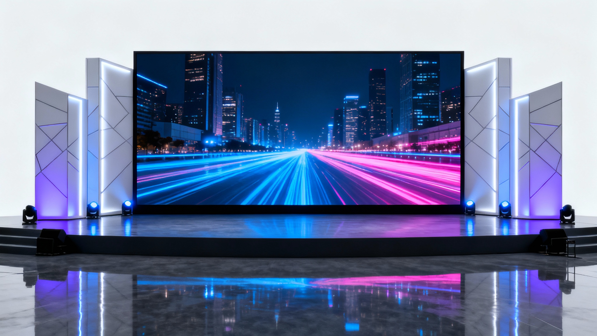 A modern and professional talk show background set, featuring a large LED screen displaying a nighttime cityscape, illuminated with blue and purple lights, on a clean white background.