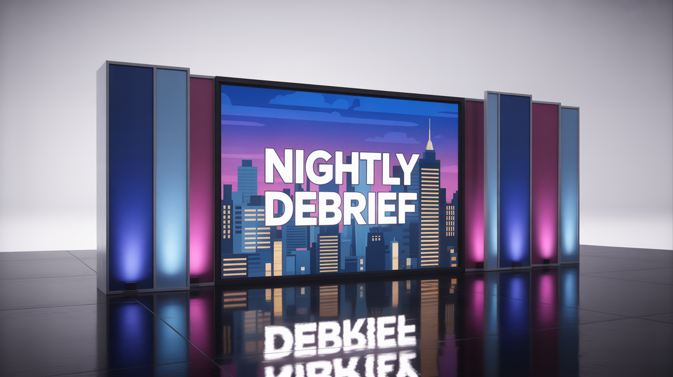 A photorealistic mockup of a modern talk show background featuring a large LED screen showing a nighttime city skyline and the words 'NIGHTLY DEBRIEF', flanked by backlit blue and purple panels on a reflective black floor.