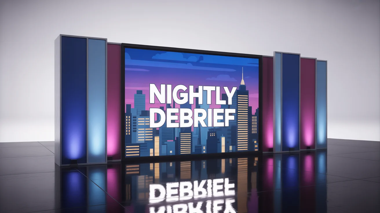 A photorealistic mockup of a modern talk show background featuring a large LED screen showing a nighttime city skyline and the words 'NIGHTLY DEBRIEF', flanked by backlit blue and purple panels on a reflective black floor.