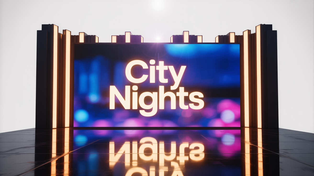 A mockup of a professional talk show background with a large screen showing a nighttime cityscape and the words 'CITY NIGHTS', set against a white background.