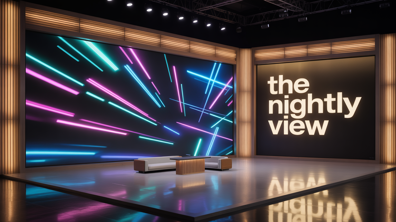 A modern and sleek talk show set background featuring a large central screen with an abstract blue and purple design, flanked by backlit wooden panels. The fictional show title 'The Nightly View' glows on the wall.