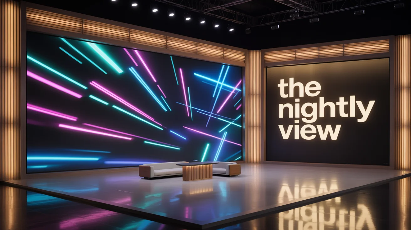 A modern and sleek talk show set background featuring a large central screen with an abstract blue and purple design, flanked by backlit wooden panels. The fictional show title 'The Nightly View' glows on the wall.