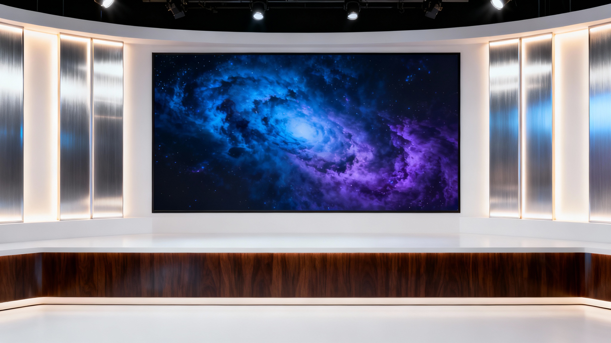 A mockup of a modern and sleek talk show background set, featuring a central screen with an abstract design and backlit metal panels, presented on a white background.