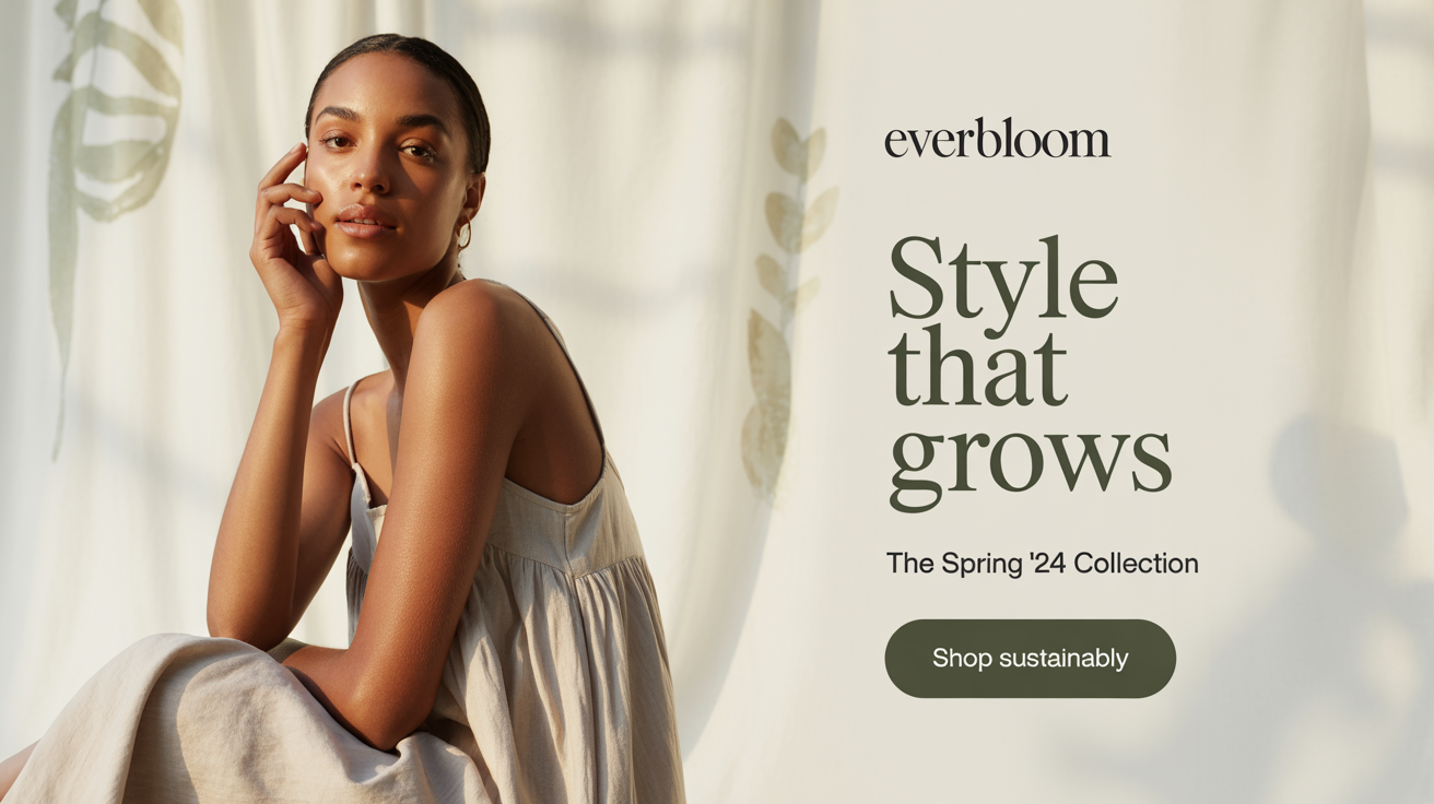 A polished 16:9 campaign banner for a sustainable fashion brand, showing a model and text that reads 'STYLE THAT GROWS', representing the final output of a design template.