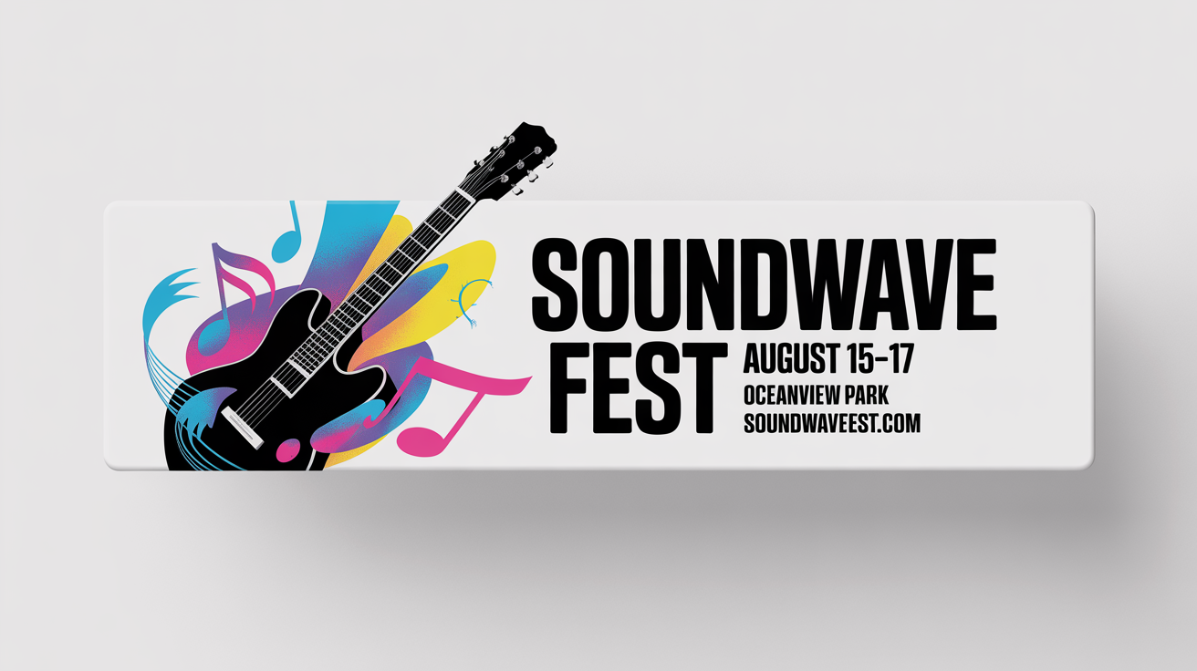 A mockup of a campaign banner for a music festival called 'SOUNDWAVE FEST', showing a graphic of a guitar and event details against a white background.