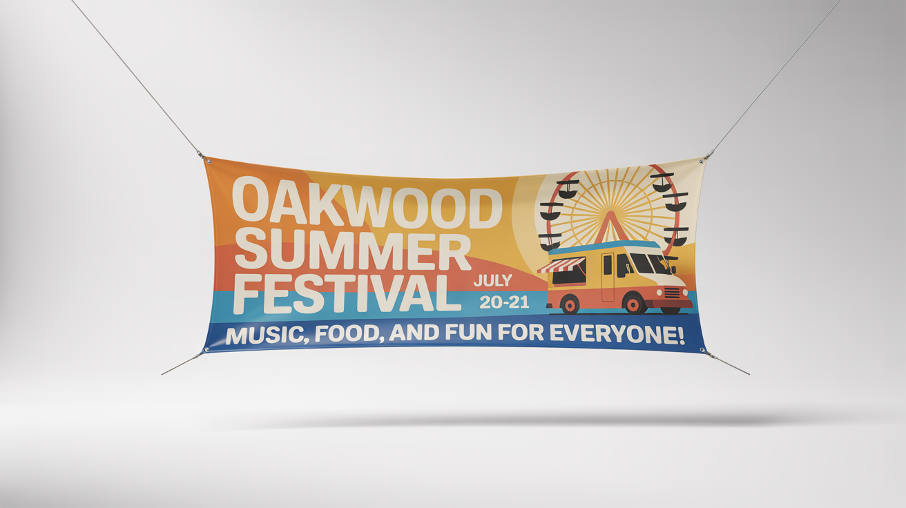 A professionally designed campaign banner mockup for the 'Oakwood Summer Festival', featuring colorful graphics and event details, displayed on a clean white background.