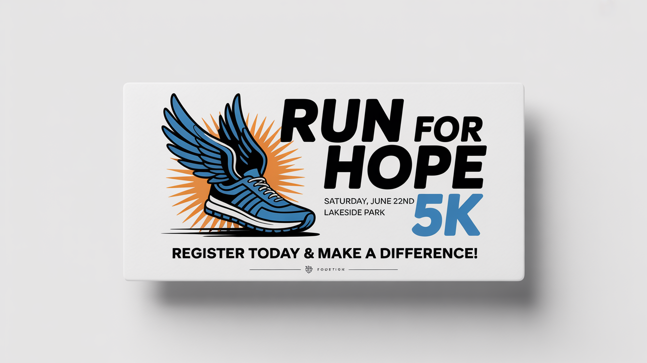 A professionally designed campaign banner for a 'Run for Hope 5K' charity event, featuring event details and an inspiring running shoe graphic, all on a clean white background mockup.