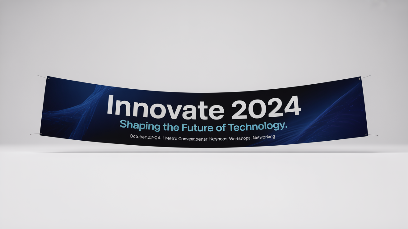 A professional mockup of a wide horizontal campaign banner for a tech conference called 'INNOVATE 2024'. The banner is dark blue with white and cyan text detailing the event dates and location.