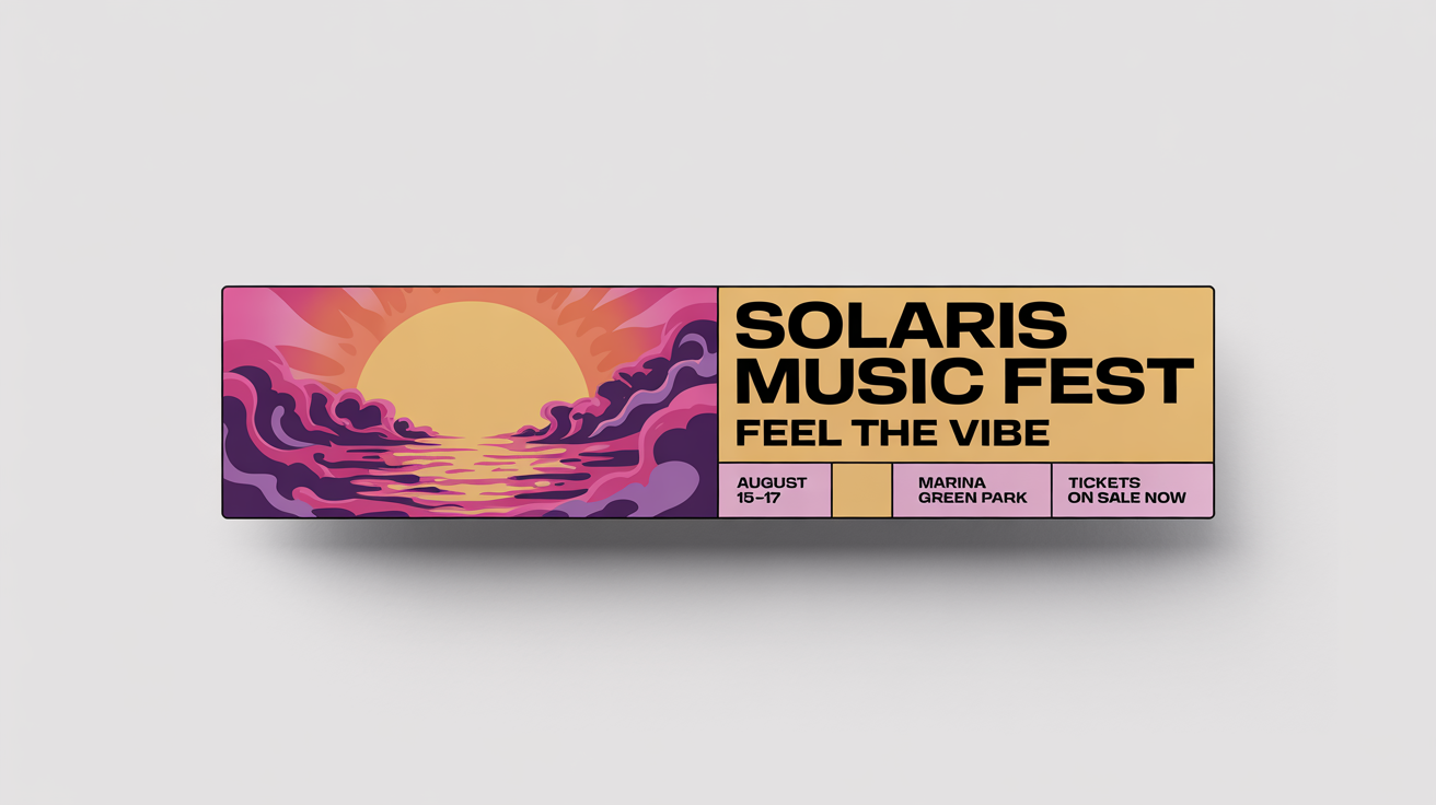 A mockup of a vibrant campaign banner for a music festival called 'Solaris Music Fest', set against a clean white background. The banner has a sunset and wave graphic and includes event details.