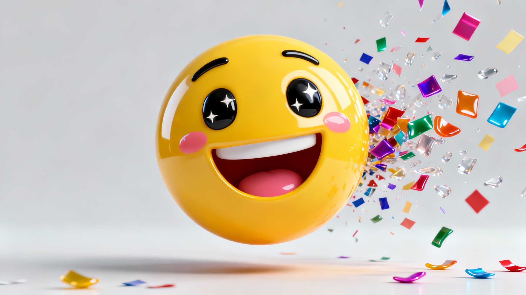 A hyper-realistic 3D render of a cheerful yellow emoji with sparkling eyes and a big smile, surrounded by a burst of colorful confetti on a clean background, representing a finished design.