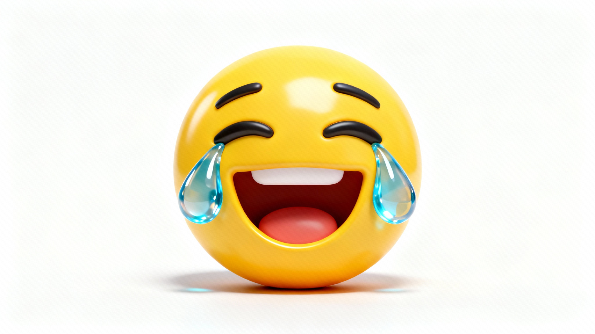 A hyper-realistic 3D 'face with tears of joy' emoji with a glossy yellow finish and large, glistening blue tears, set against a plain white background.