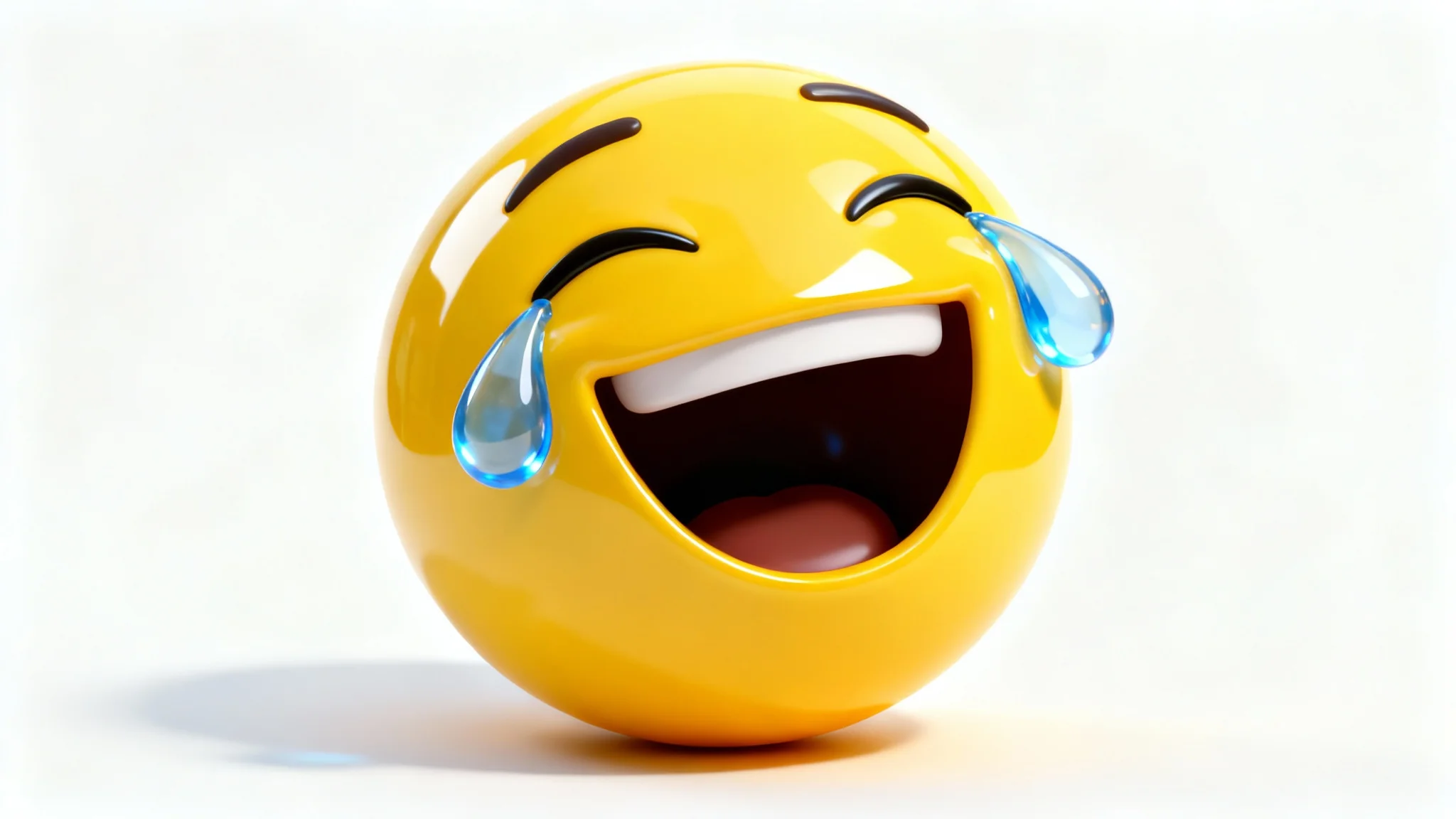 A hyper-realistic 3D render of the laughing-crying emoji, showcasing a glossy yellow finish and large blue tears, on a clean white background.