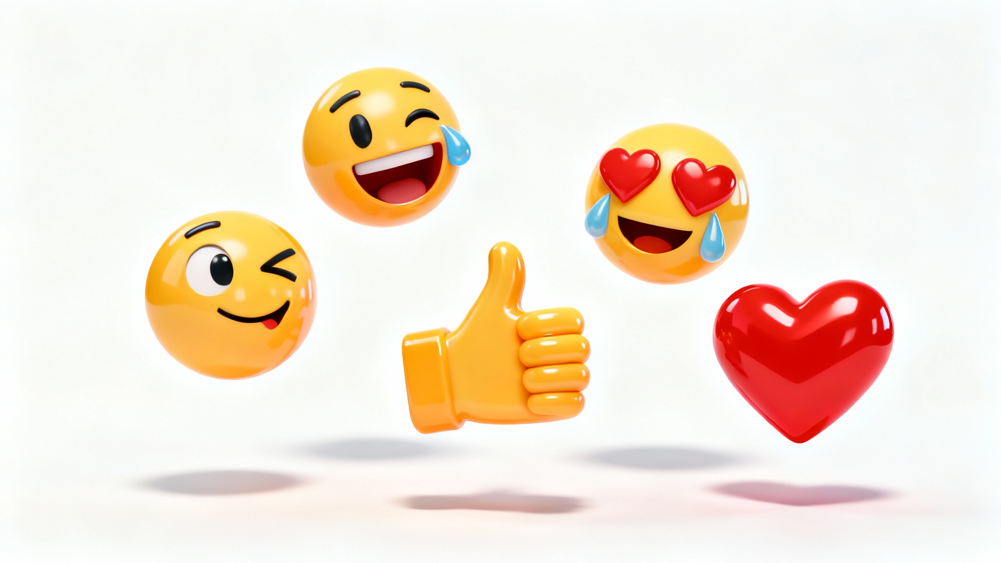 A collection of colorful, glossy 3D emojis, including a winking face, a laughing face, and a heart, floating against a clean white background, showcasing their three-dimensional quality.