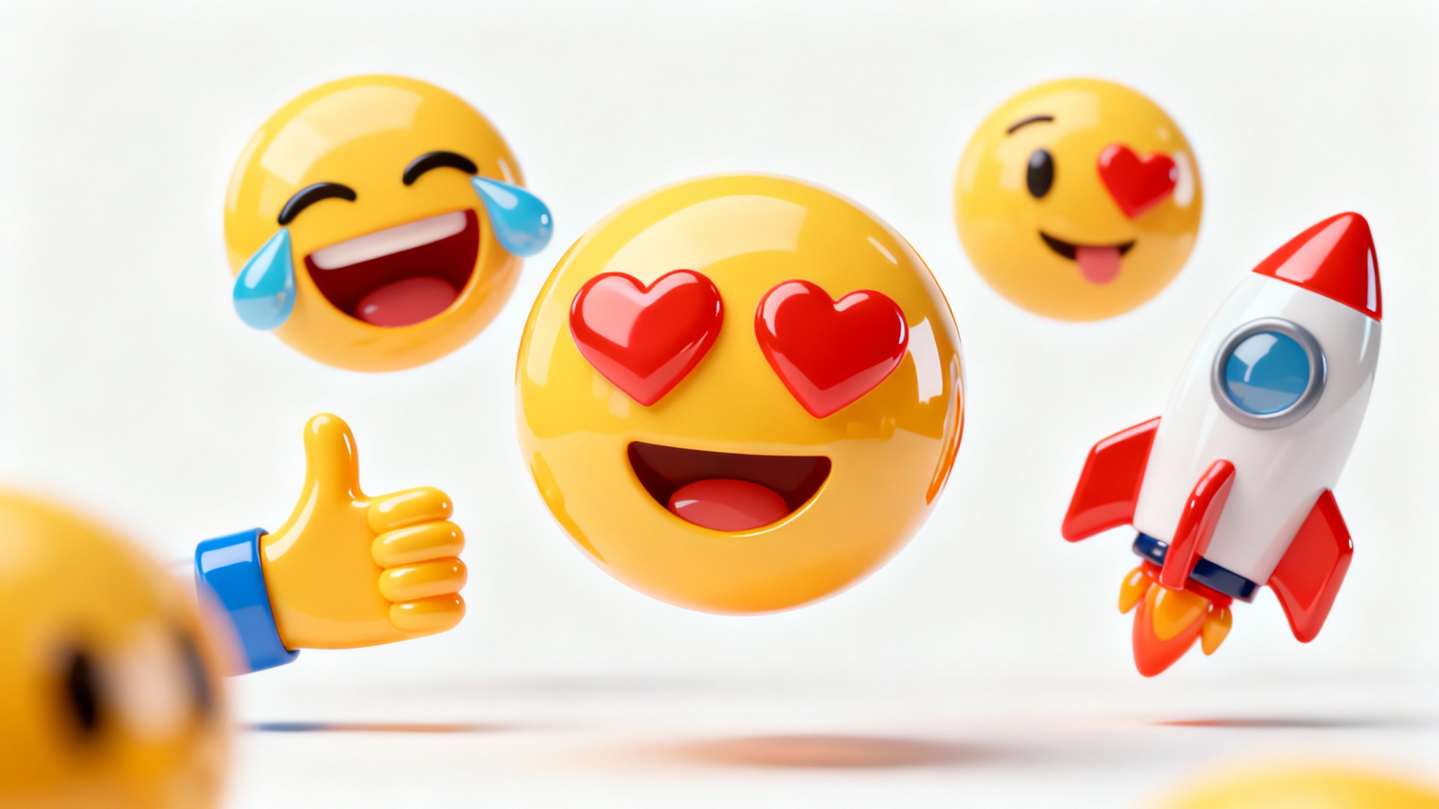 A colorful collection of glossy 3D emojis, including a laughing face and a heart-eyes face, floating against a sterile white background.