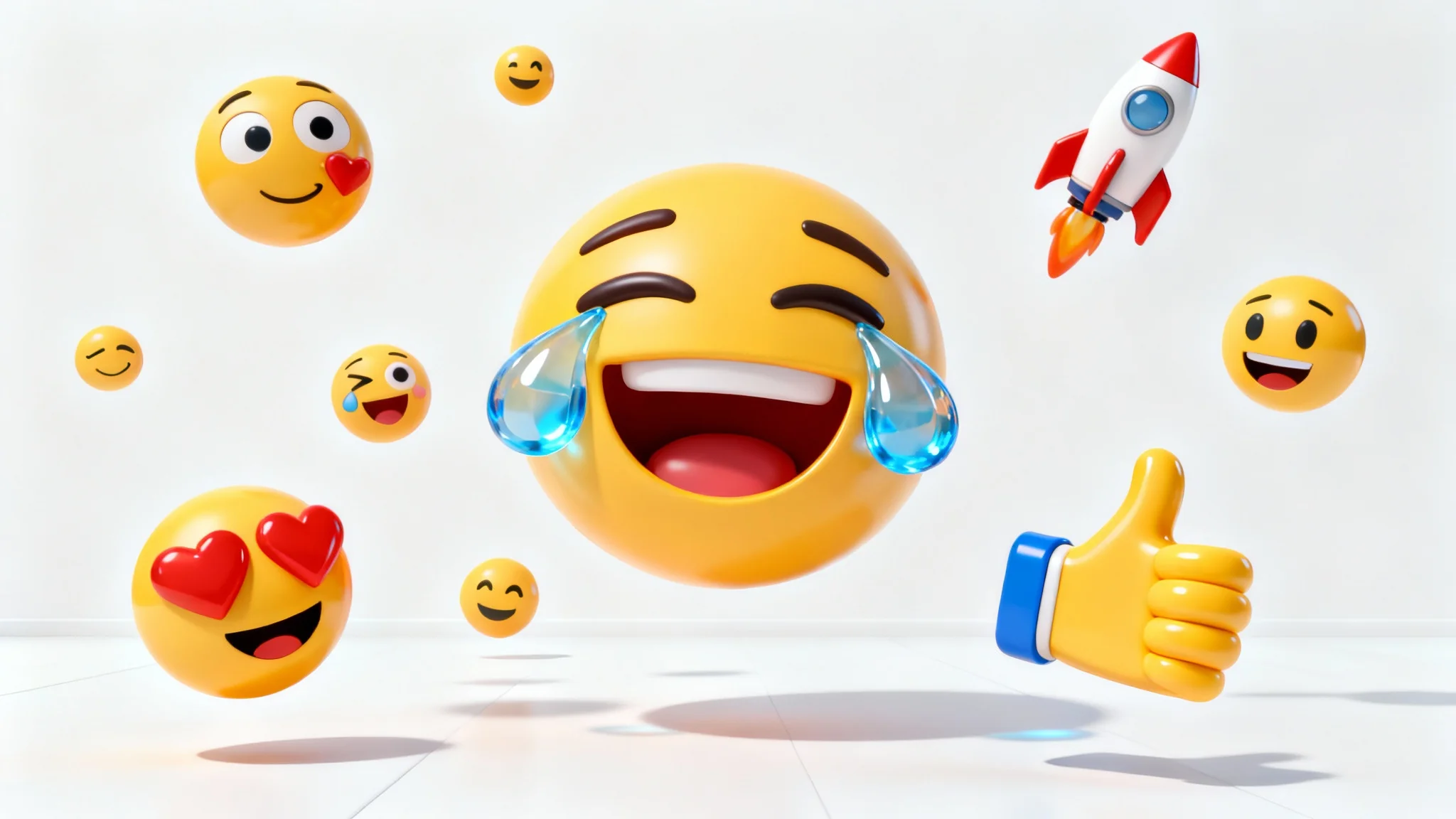 A colorful collection of 3D emojis rendered in a glossy, plastic style, floating against a clean white background, showcasing their depth and vibrant colors.