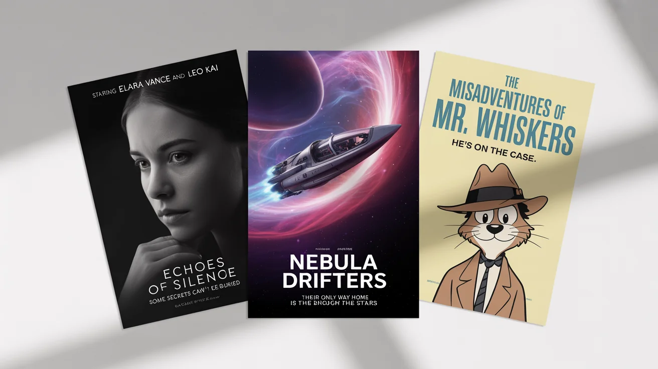Three custom-designed movie posters for fictional films—an indie drama, a sci-fi adventure, and a fun comedy—are displayed on a white background, showcasing creative poster design.